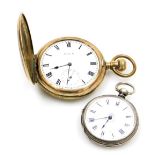 An Elgin gold plated gentleman's hunter pocket watch, keyless wind, circular enamel dial bearing Rom