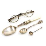 A pair of Victorian silver rimmed spectacles, coffee spoon stamped 800, and two plated spoons.