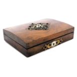 A Victorian walnut brass and bone bound playing card box, with a four division interior, containing