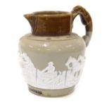 A mid 19thC stoneware hunting jug, two tone, with a hound handle, named to the rim of the body with