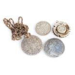 A William III silver sixpence 1696, George III silver sixpence 1787, holed with chain suspension sil