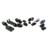 A group of Dinky diecast military vehicles, including a tank transporter, Centurion tank, ten tonne