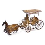 A silver filigree model of a carriage and horses, possibly Maltese, with two horses and a rider, 19c