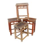 Four Chinese hardwood stools, with slatted seats, 47cm-50cm high, 38cm-40cm wide.