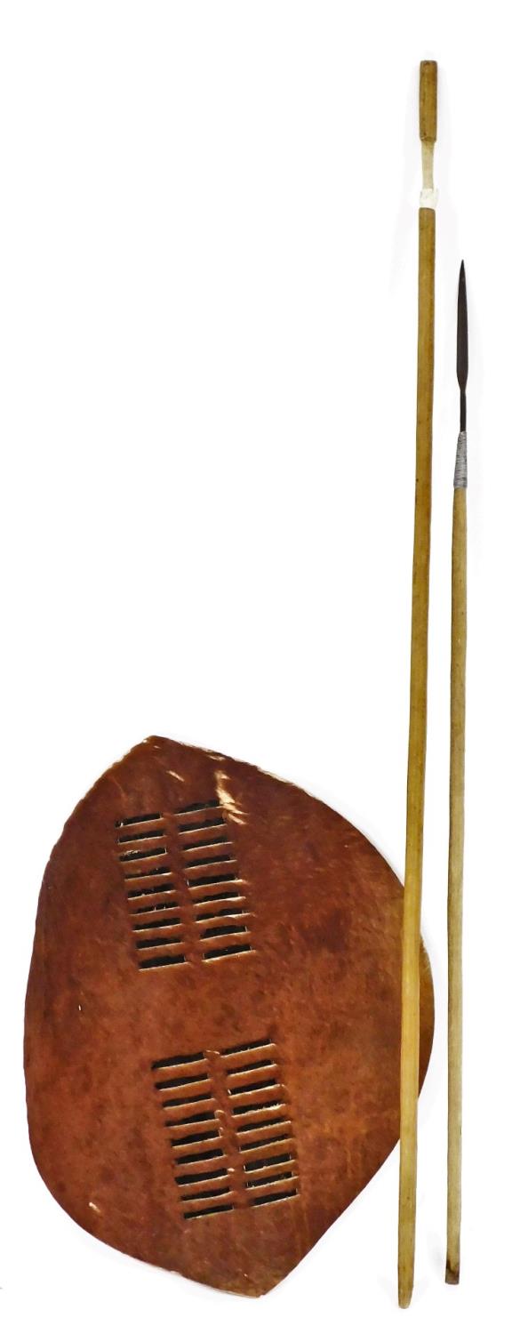 An African Zulu shield, 79cm high, together with a spear, 139cm long, and a spear shaft, 164cm long.