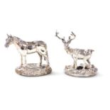 Two Elizabeth II silver figures, modelled as a stag and horse, each on naturalistic base, filled, Ca