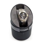 A Citizen Eco-Drive chronograph gentleman's wristwatch, circular black dial with centre seconds, thr