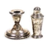A George VI silver pepperette, of cocktail shaker form, Birmingham 1943, 1.58oz, together with a loa