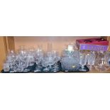 Assorted cut glass table wares, items include candlesticks, tumblers, wine glasses etc. (3 trays an