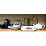 Assorted ceramics and glassware, items include teapots, jugs, mugs, claret jug, etc. (1 tray and loo