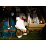 Soft toys, purses, bags and prints. (2 boxes and loose)