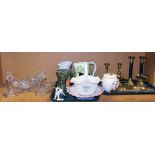 A quantity of glass, ceramics and brassware including brass candlesticks. (2 trays and loose)