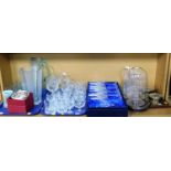 Assorted glassware, including vases, jugs, cut glass, coloured glass, crystal wine glasses. (2 tray