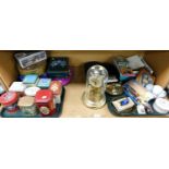 A quantity of tins, an anniversary clock and other collectables. ( 3 trays and loose).