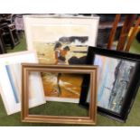 Three framed and glazed prints, and a frame. (4)