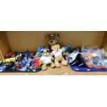 A quantity of small toys, Playstation controller, Action Man and three teddies.( 2 trays and loose).