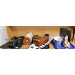 Various items of wood, treen ware, ceramics, cut glass, horse's tack and a hot water bottle.(3 trays