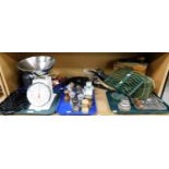 Kitchenalia, items including scales, pepper pots, kettle, trivets, etc. (4 trays and loose)