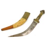 An Eastern dagger, with curved blade, scabbard decorated with embossed brass and animal skin, 34cm l