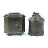 Two 19thC pewter tobacco jars, one of cylindrical form, banded decoration, the lid cast with model o