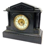 A 19thC black slate mantel clock, cream enamel numeric dial and brass chapter ring, eight day movem