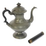 A Shaw & Fisher of Sheffield pewter teapot, with ebonised knop and handle, 29cm high, together with