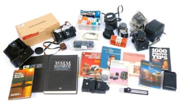 A group of cameras and related equipment, to include a Zenit-B camera, in case, a Prinzflex 28mm len