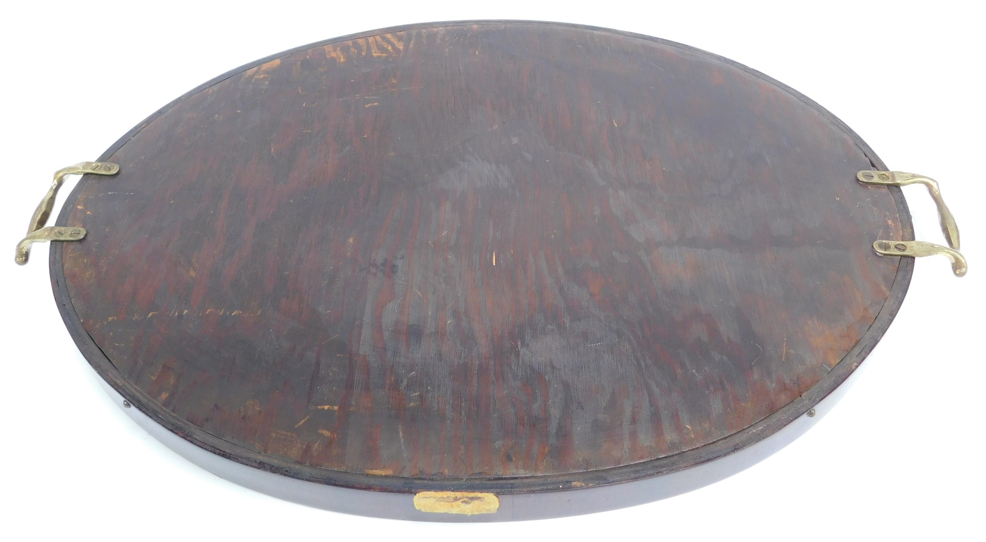 A late 19th/early 20thC mahogany tray, inset centrally with a floral embroidered panel, two brass ha - Image 2 of 2