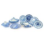 A collection of blue and white ceramics, to include Wedgwood Willow pattern dish and cover, 12cm hig