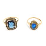 Two dress rings, comprising an Art Deco style dress ring, set with blue and white paste stones, yell