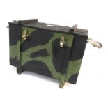 A black and green camouflage painted ammunition box, 65cm high, 87cm wide, 52cm deep.