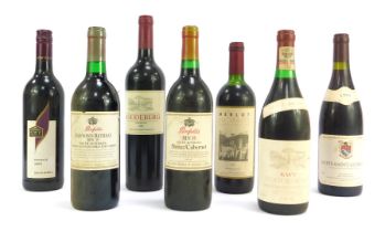 Seven bottles of vintage wine, comprising Roodeberg 2008, Pinotage 2009, Merlot del Vento 1996, Penf