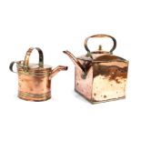 A Victorian copper watering can, raised banded decoration, ring handle, 24cm high, together with a l