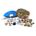 Two naval officer's caps, and assorted replica cap badges, plated ARP badge, hip flask, etc.