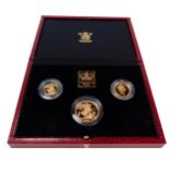 An Elizabeth II gold proof sovereign three coin set for 1991, comprising half sovereign, sovereign a