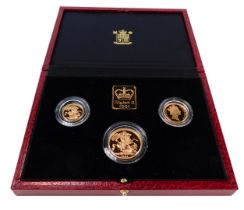 An Elizabeth II gold proof sovereign three coin set for 1991, comprising half sovereign, sovereign a