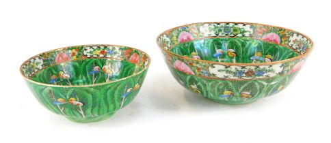 Two 20thC Chinese famille rose bowls, each decorated internally and externally with cabbage leaves,