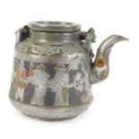 A 20thC Chinese cast metal teapot, with brass ring handle, the body decorated with various figures,