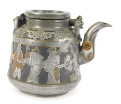 A 20thC Chinese cast metal teapot, with brass ring handle, the body decorated with various figures,