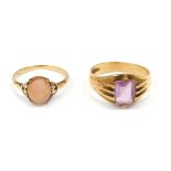 Two 9ct gold dress rings, comprising one set with rectangular cut amethyst, in claw setting, size V,