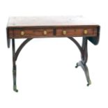 A 19thC mahogany and inlaid sofa table, the rectangular drop leaf top above two frieze drawers (one
