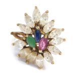 A 9ct gold dress ring, the abstract twist design set with white, green, blue and red paste stones, o