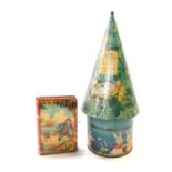 A Lucie Attwell's Fairy Tree tinplate biscuit money box, the top of conical form, decorated with fai
