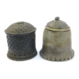 Two 19thC lead tobacco jars, both of cylindrical form, one decorated with a cheque board pattern, 12