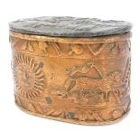 A 19thC lead tobacco jar, of compressed oval form, the lid decorated with cross keys, other motifs,