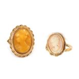 Two 9ct gold cameo dress rings, comprising one on a pink and white relief, size P½, and another on a
