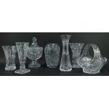 A group of cut glassware, to include vase of waisted form, 24cm high, bonbonniere and cover, 30cm hi