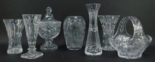 A group of cut glassware, to include vase of waisted form, 24cm high, bonbonniere and cover, 30cm hi