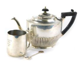 Three items of silver plated wares, comprising a 20thC silver plated teapot with ebonised knop and h