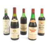 Five bottles of vintage French wine, comprising Savigny las Beaune 1987, Cotes du Rhone, Castillo de